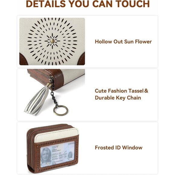 New RFID Double Zipper Credit Card Holder Wallet for Women - Beige/Brown - Picture 5 of 9